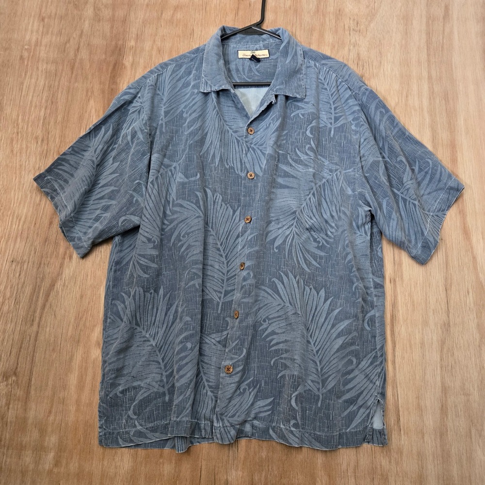 Tommy Bahama Mens Large Blue 100% Silk Tropical Palm Leaf Button Down Shirt